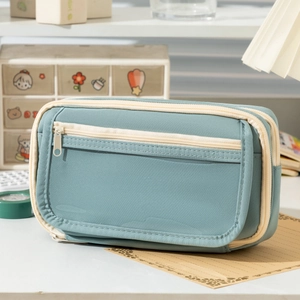 Large capacity multi-layer school pencil case in elegant morandi blue nylon material