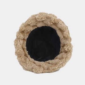 Plush faux rabbit fur bucket hat in camel brown with pineapple pattern texture