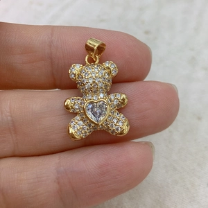 Sparkling gold teddy bear pendant with clear heart-shaped zircon for DIY necklaces