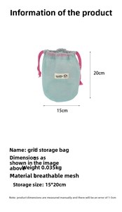Macro detail of breathable light blue mesh storage bag with dimensions 15x20cm and drawstring