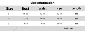 Detailed size chart for the deep V-neck mesh dress with measurements in centimeters