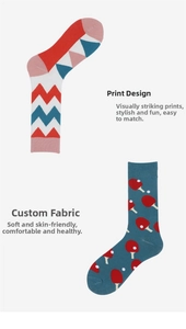 Detail of soft cotton crew socks featuring colorful geometric patterns and ping pong prints
