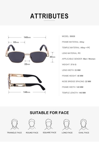 Detailed size specifications for steampunk sunglasses with gold metal frames and PC lenses