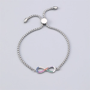 Infinity Armband in Silber mit bunten Zirkonia und verstellbarem Box-Kettenverschluss
