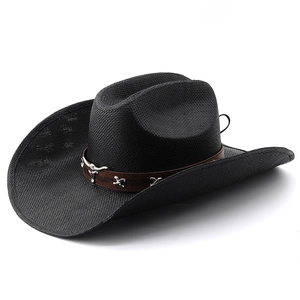 Classic black straw cowboy hat with wide brim and decorative leather bull head band
