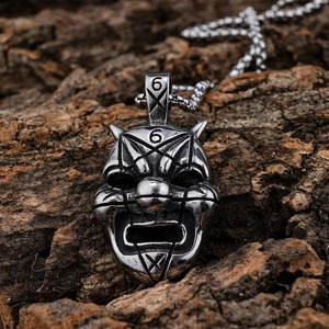 Vintage Viking band mask pendant in silver stainless steel on rustic bark background
