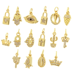 Set of 16 gold 18K plated charms with clear zircon in heart, eye, and hand shapes