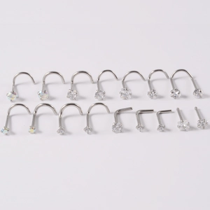 Set of 17 stainless steel nose studs with L-shape bars and sparkling zircon stones