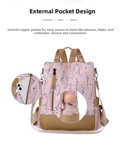Detail der Oxford-Rucksacktaschen, in denen ein Smartphone und Regenschirm verstaut sind