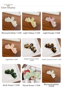 Detail display of large acetate bow hair clips in various colors and 11cm/7.6cm sizes