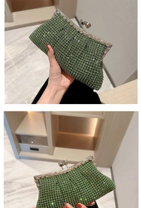 Close-up of green rhinestone evening bag with silver metal frame and secure top clasp
