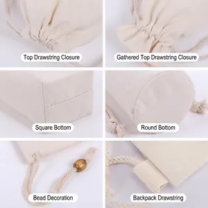 Various styles of beige cotton drawstring bags showing square and round base details