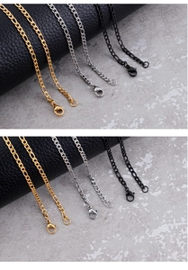 Detailed view of Figaro chain necklaces in gold, silver, and black finish with lobster clasp
