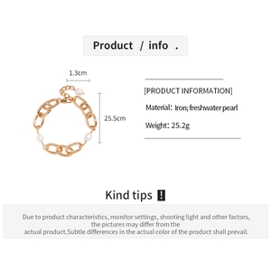 Detailed spec view of 18k gold plated chain bracelet with freshwater pearl and size info