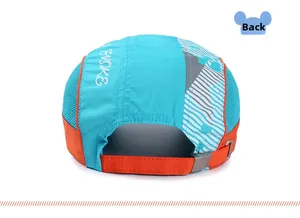 Rear view of blue and orange breathable mesh sports cap with adjustable strap and buckle
