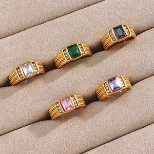 18K gold plated stainless steel rings with square zircon stones in five colors
