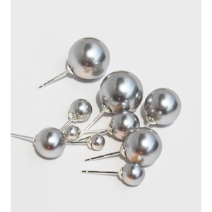 Silver grey pearl stud earrings set with S925 sterling silver posts on white background