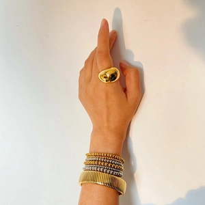 18K gold plated stainless steel bead bracelet and ring set worn on wrist