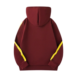 Men's burgundy hoodie with yellow sleeve stripes, back view in casual sportswear style