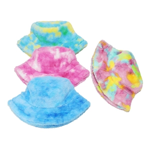 Colorful tie-dye winter faux fur bucket hat set with plush warmth for women and girls