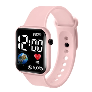 Detail view of pink LED sports watch showing digital UI with heart rate and step counter