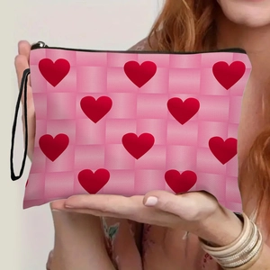 Heart Print Cosmetic Bag Linen Zipper Toiletry Pouch Travel Portable Makeup Storage Organizer With Wristlet Strap