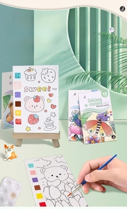 Macro detail of children watercolor painting kit with built-in paint palette and brush