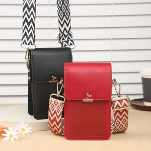 Mini crossbody phone bag for women in red and black leather with stylish wide strap