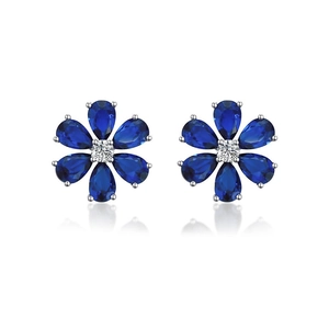 Elegant S925 sterling silver daisy stud earrings with blue pear-cut crystals and zircon