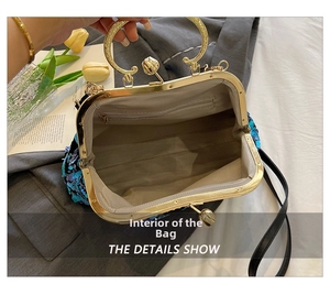 Detail view of sequined evening bag interior with gray lining and zip pocket