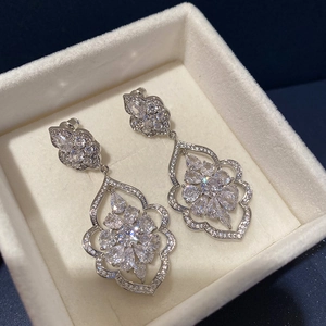 Vintage silver flower drop earrings with white zircon in a premium jewelry box