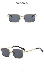 Front and side view of black and gold square sunglasses with metal chain temple design