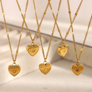 Heart Pendant Necklace Stainless Steel 18K Gold Plated Zircon Birthstone Starburst Minimalist Jewelry For Women
