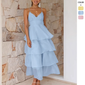 Women Sexy Backless Spaghetti Strap Tiered Cake Dress V Neck Ruffle Layered Sleeveless Party Evening Beach Vacation Chiffon