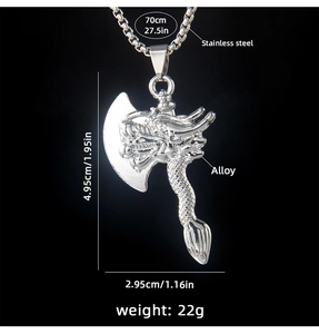 Macro shot of viking axe pendant showing 4.95cm height and stainless steel chain details