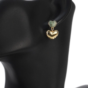 Elegant double heart drop earrings with green zircon studs and golden textured pendants