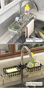Kitchen faucet drain rack in silver and black metal with towel bar and knob fixings