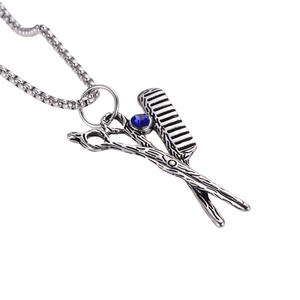 Vintage stainless steel barber necklace with silver scissors comb pendant and blue crystal