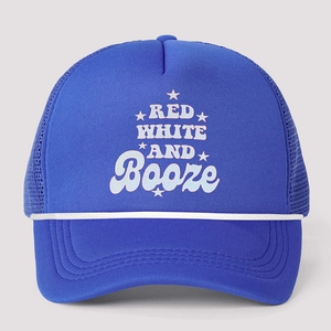Royal blue trucker hat with Red White and Booze print and white rope accent