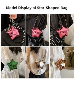Model showcasing five-pointed star acrylic crossbody bags in vibrant metallic finishes