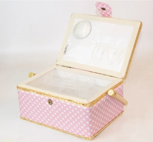 Sewing basket detail with pink polka dot fabric, inner mirror, and plastic tray divider