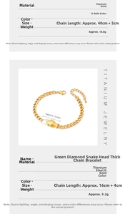 Titanium steel jewelry set featuring a gold-plated snake head design and green rhinestones
