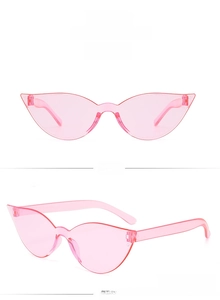 Front and side view of trendy pink translucent cat-eye sunglasses for women