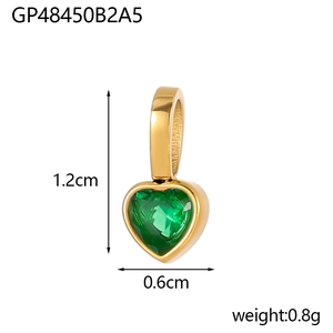 Detail showing an 18K gold heart pendant with green zircon and 1.2cm size specifications