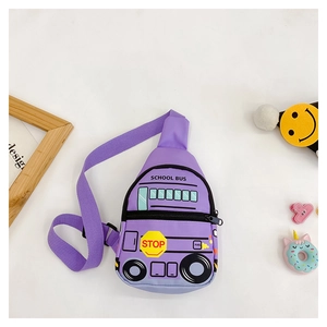 Purple school bus cartoon chest bag for kids featuring durable waterproof nylon fabric