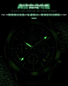 Luminous chronometer display of a men's quartz watch with green night-light hands