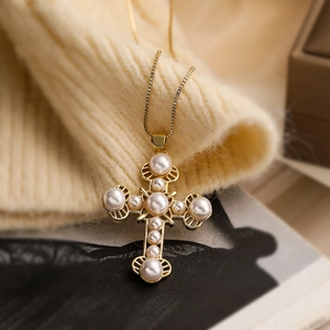 Gold plated cross pendant necklace with white pearls and delicate box chain for women