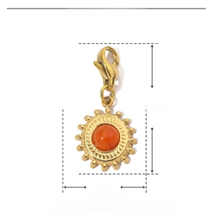 Detailed dimensions of sun-shaped stainless steel pendant with orange natural stone inlay