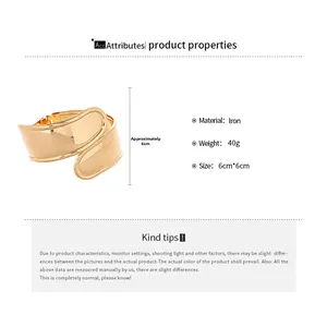 Detail view of gold wide cuff bracelet with material specs and 6cm size dimensions