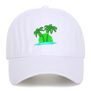 Washed white cotton baseball cap featuring embroidered tropical palm tree design